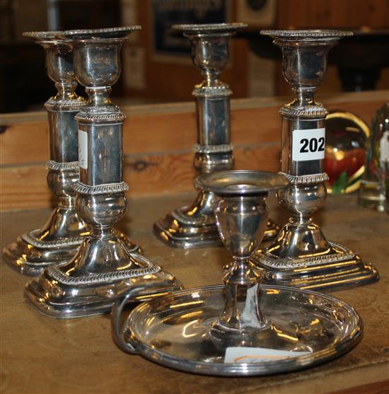 Set of 4 Sheffield plate telescopic candelsticks and a candlestick